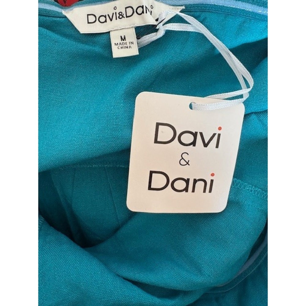 Davi & Dani Teal Blue Strapless Ruffle Wide Leg Cotton Linen Jumpsuit Medium - Picture 3 of 4